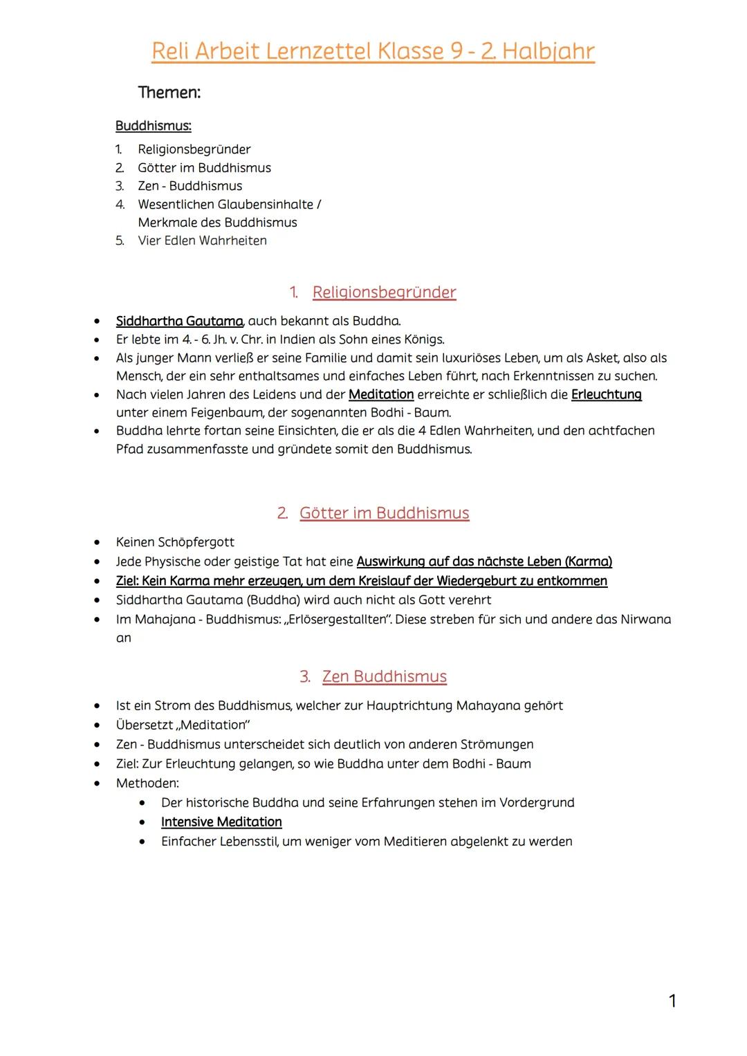 ●
●
●
●
●
•●
●
●
●
●
Reli Arbeit Lernzettel Klasse 9-2. Halbjahr
Themen:
Buddhismus:
Keinen Schöpfergott
Jede Physische oder geistige Tat ha