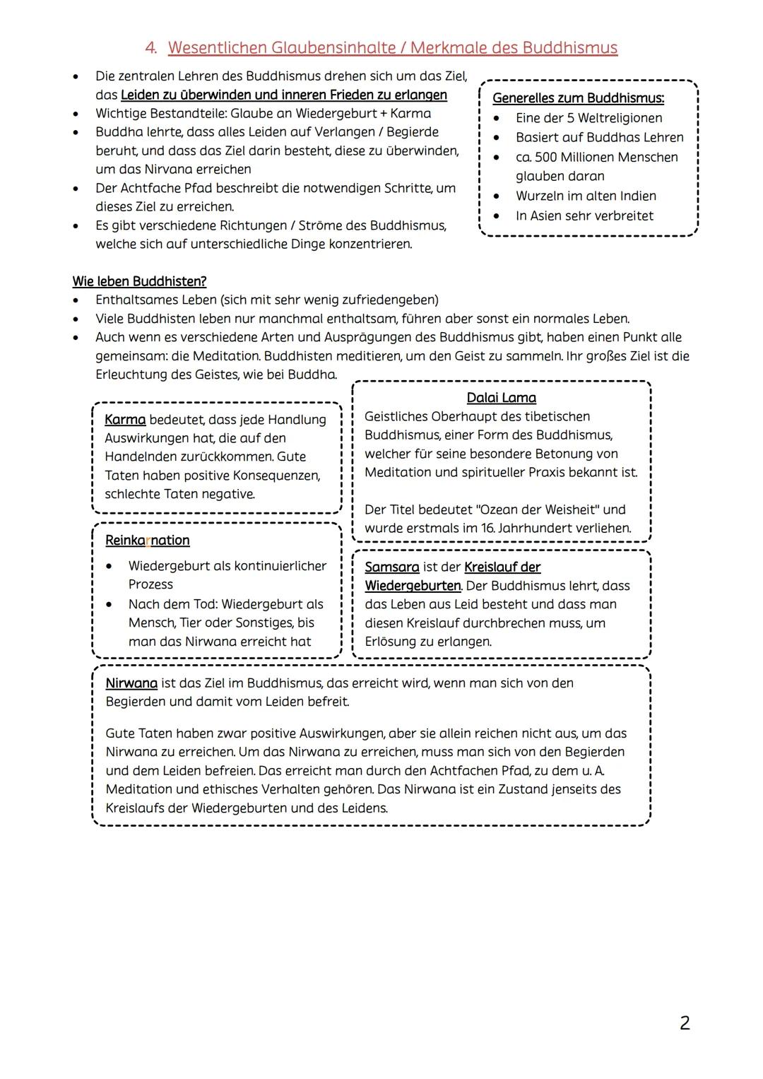 ●
●
●
●
●
•●
●
●
●
●
Reli Arbeit Lernzettel Klasse 9-2. Halbjahr
Themen:
Buddhismus:
Keinen Schöpfergott
Jede Physische oder geistige Tat ha