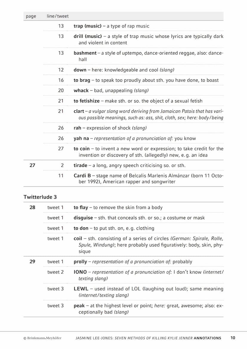 AbiBox
Englisch
Jasmine Lee-Jones:
seven methods of killing
kylie jenner
Annotations
Brinkmann.Meyhöfer Notes on the varieties of English us