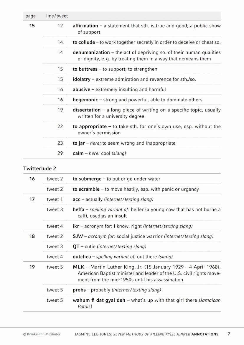 AbiBox
Englisch
Jasmine Lee-Jones:
seven methods of killing
kylie jenner
Annotations
Brinkmann.Meyhöfer Notes on the varieties of English us