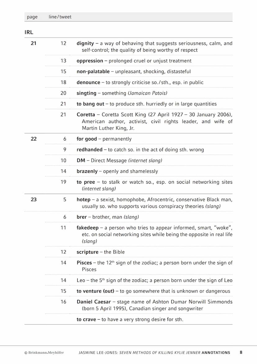 AbiBox
Englisch
Jasmine Lee-Jones:
seven methods of killing
kylie jenner
Annotations
Brinkmann.Meyhöfer Notes on the varieties of English us