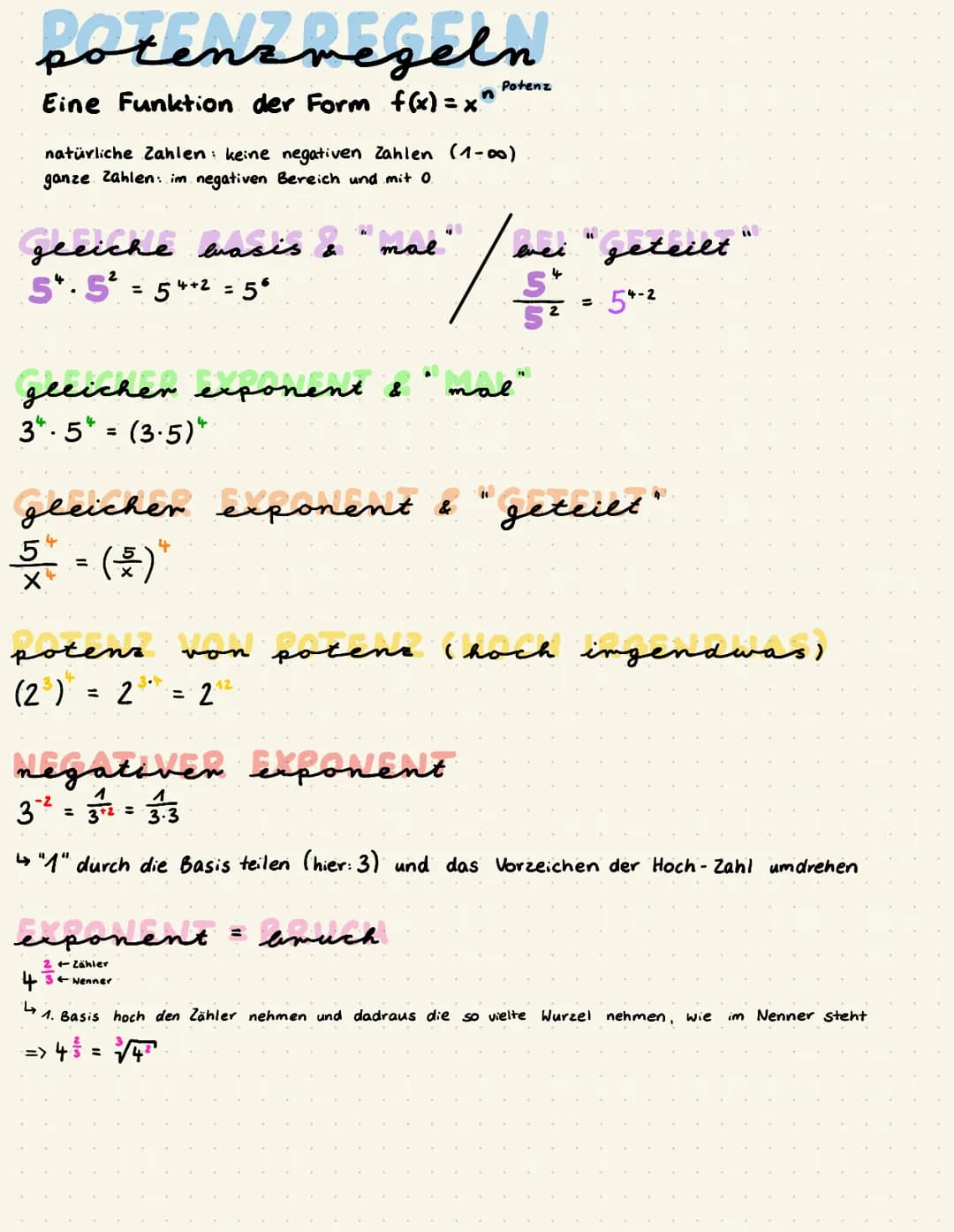 potenzregeln
Eine Funktion der Form f(x)=x"
natürliche Zahlen: keine negativen Zahlen (1-00)
ganze Zahlen: im negativen Bereich und mit 0
gl