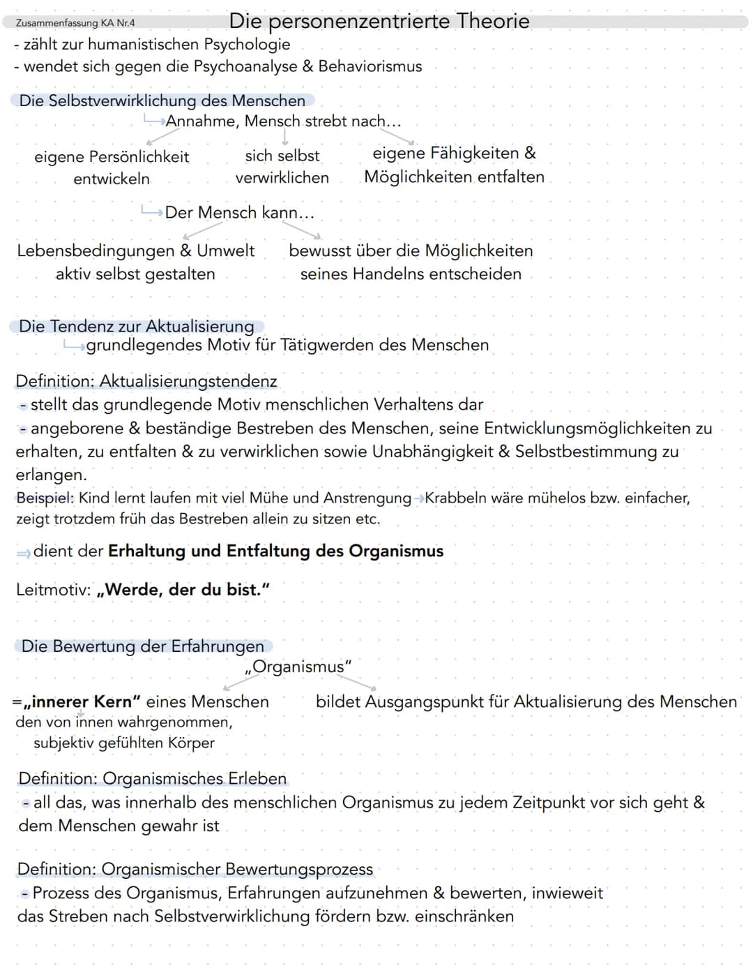 Zusammenfassung KA Nr.4
- zählt zur humanistischen Psychologie
- wendet sich gegen die Psychoanalyse & Behaviorismus
Die personenzentrierte 