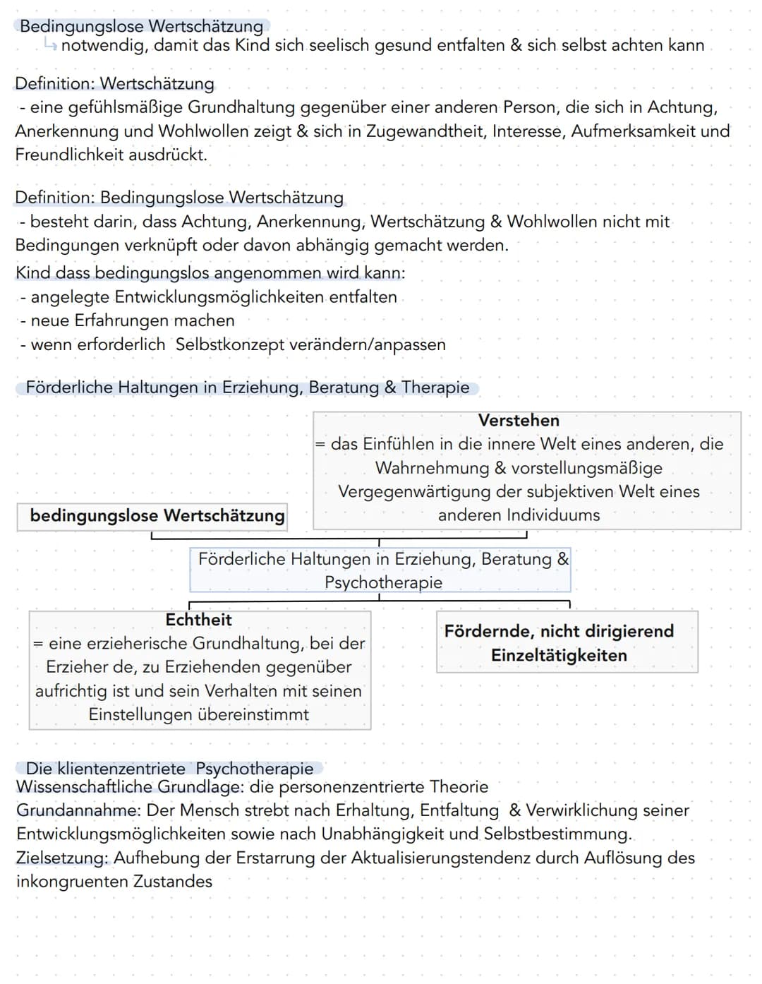 Zusammenfassung KA Nr.4
- zählt zur humanistischen Psychologie
- wendet sich gegen die Psychoanalyse & Behaviorismus
Die personenzentrierte 