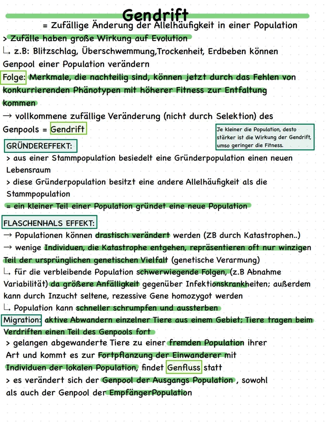 =
Gendrift
Zufällige Änderung der Allelhäufigkeit in einer Population
> Zufälle haben große Wirkung auf Evolution
L. z.B: Blitzschlag, Übers