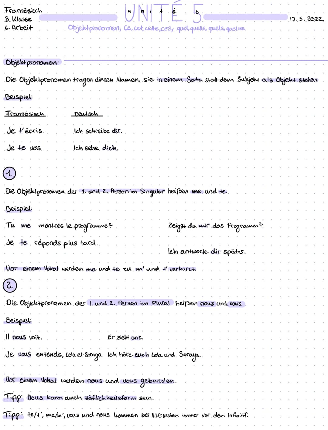 Französisch
8. Klasse
6. Arbeit
Französisch
Objekt pronomen:
Die Objektpronomen tragen diesen Namen, sie in einem Satz. Statt den Subjekt al