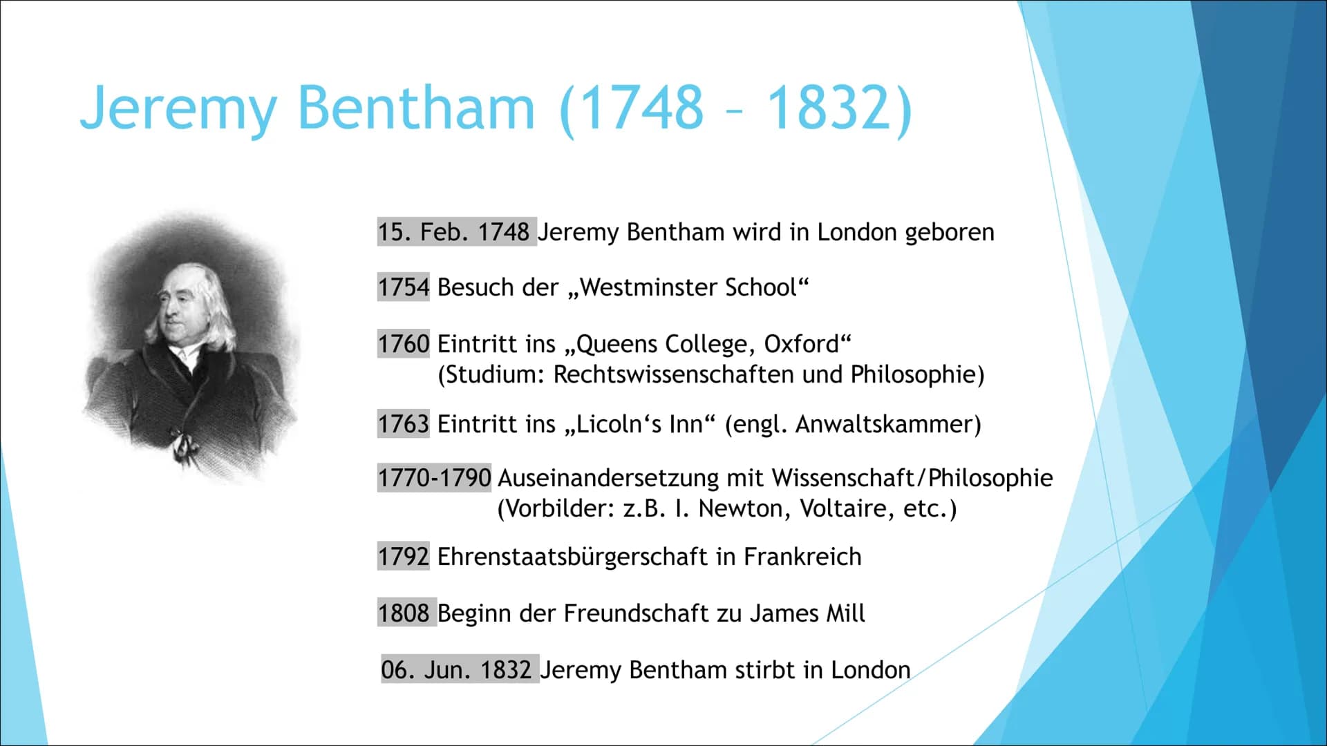 John Stuart Mill (1806-1873)
20. Mai 1806 John Stuart Mill wird bei London geboren
1822 Studium in Frankreich
(Bereiche: Chemie, Zoologie, M