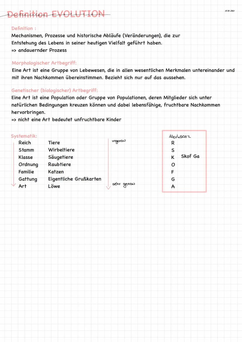 অল Definition EVOLUTION
Definition :
Mechanismen, Prozesse und historische Abläufe (Veränderungen), die zur
Entstehung des Lebens in seiner 