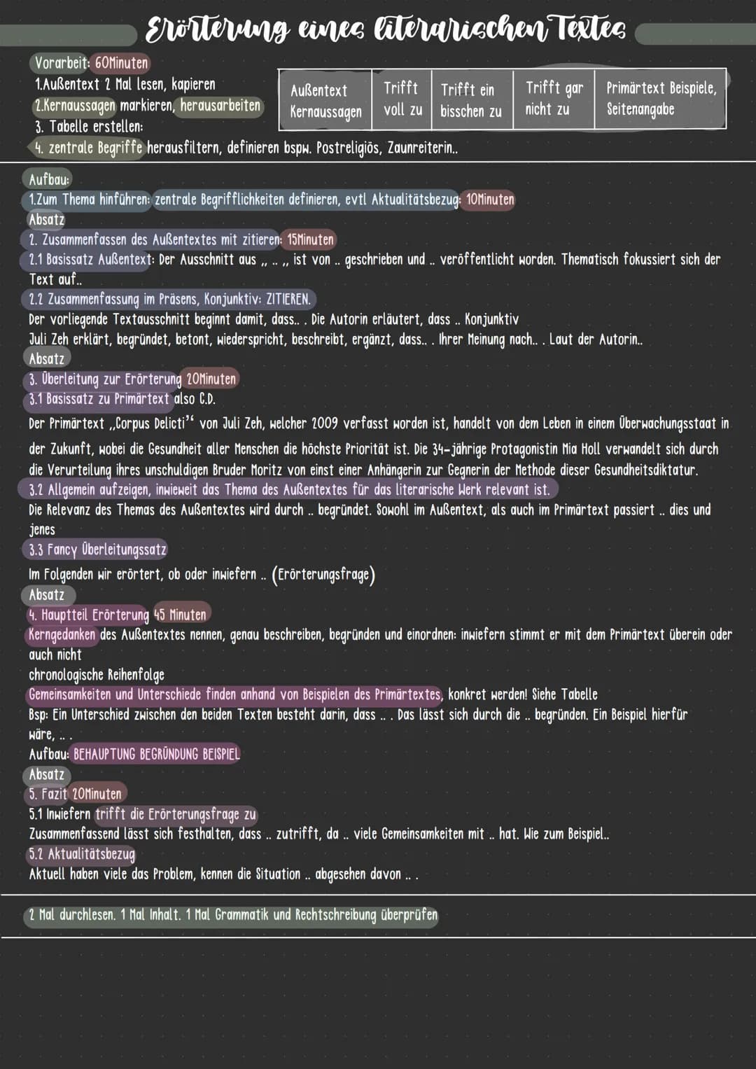 Erörterung eines literarischen Textes
Vorarbeit: 60Minuten
1.Außentext 2 Mal lesen, kapieren
Außentext Trifft
Trifft ein
2.Kernaussagen mark
