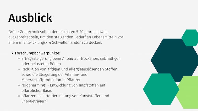 Grüne Gentechnik Gliederung
• Was ist Grüne Gentechnik?
• Grüne Gentechnik Methoden
• Fallbeispiel: Golden Rice
●
• Vor- & Nachteile von Grü