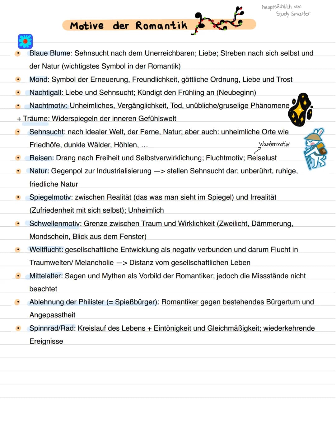 pe
Blaue Blume: Sehnsucht nach dem Unerreichbaren; Liebe; Streben nach sich selbst und
der Natur (wichtigstes Symbol in der Romantik)
Mond: 