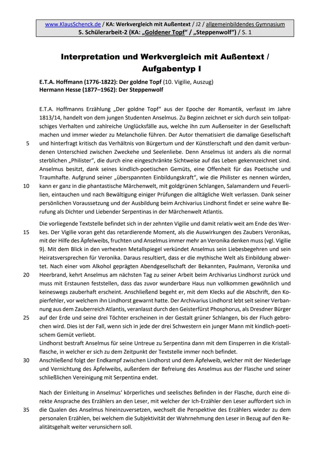 www.KlausSchenck.de/KA: Werkvergleich mit Außentext/J2 / allgemeinbildendes Gymnasium
1. Erläuterung der Aufgabenstellung / Gesamtüberblick: