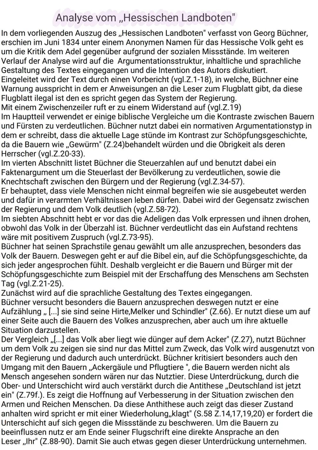Analyse vom ,,Hessischen Landboten"
In dem vorliegenden Auszug des ,,Hessischen Landboten" verfasst von Georg Büchner,
erschien im Juni 1834