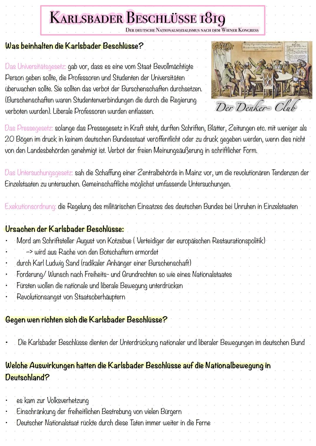 KARLSBADER BESCHLÜSSE 1819
DER DEUTSCHE NATIONALSOZIALISMUS NACH DEM WIENER KONGRESS
Was beinhalten die Karlsbader Beschlüsse?
Das Universit