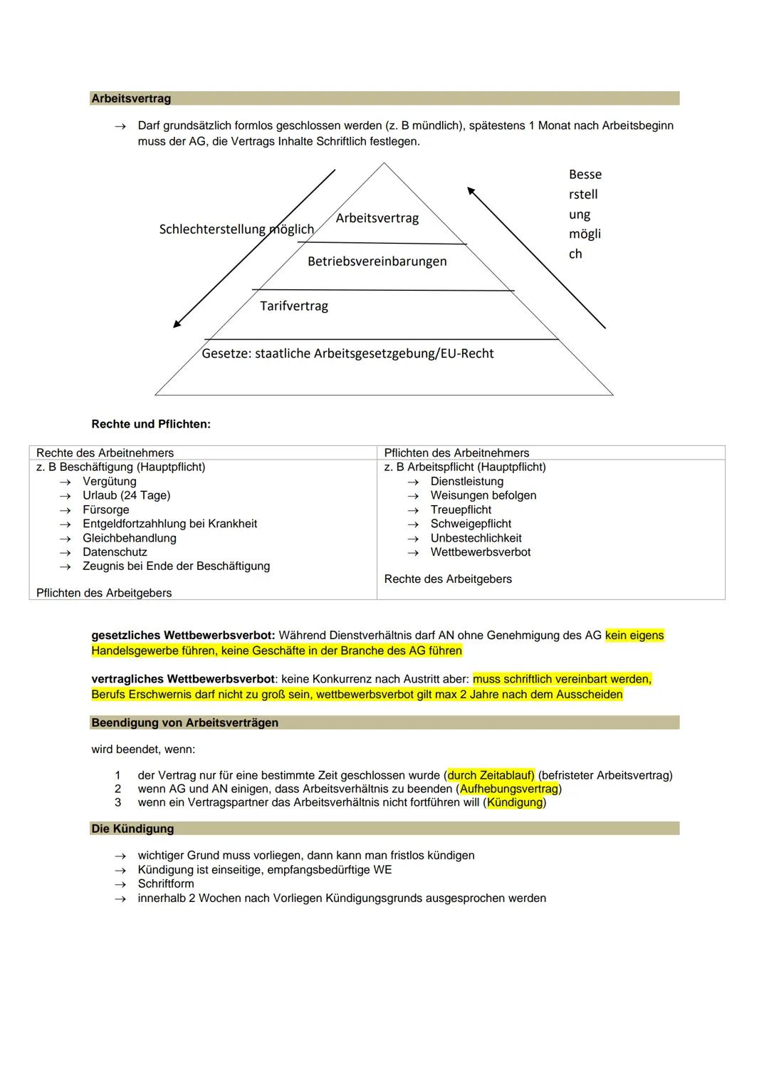 Arbeitsvertrag
→ Darf grundsätzlich formlos geschlossen werden (z. B mündlich), spätestens 1 Monat nach Arbeitsbeginn
muss der AG, die Vertr