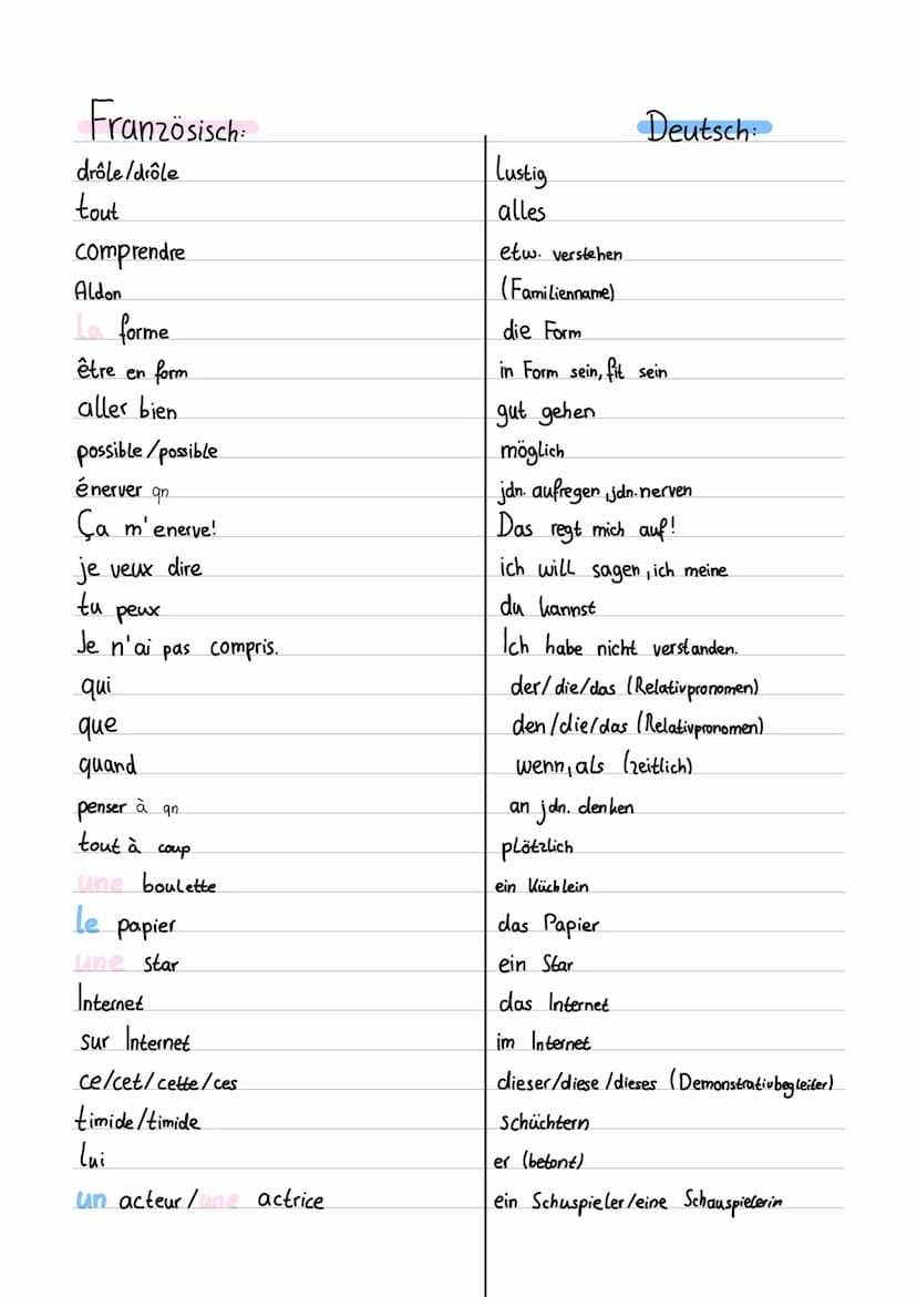 Französisch:
La rentrée
un nom
une liste
en 5e
La sixième
La 5 (A)/La cinquième (A)
La quatrième
La troisieme
quel/quelle/quelles
savoir
sav