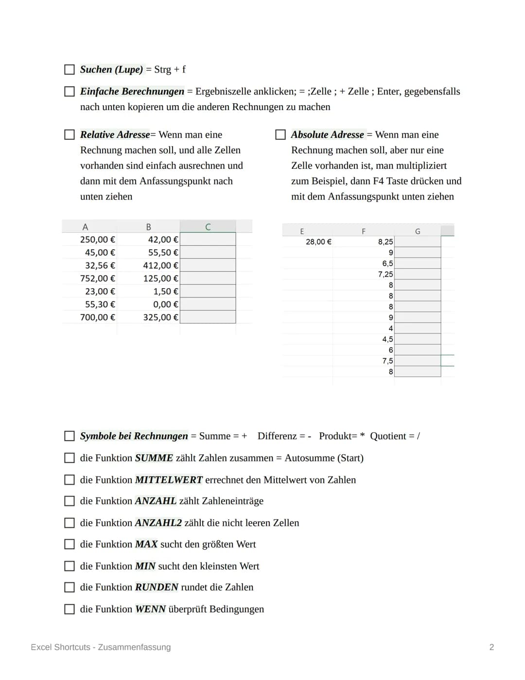 X Excel
Excel Shortcuts - Zusammenfassung
Löschen des Inhaltes einer Zelle = Entf (Canc)
Löschen des Formates oder des Inhaltes + Formates e