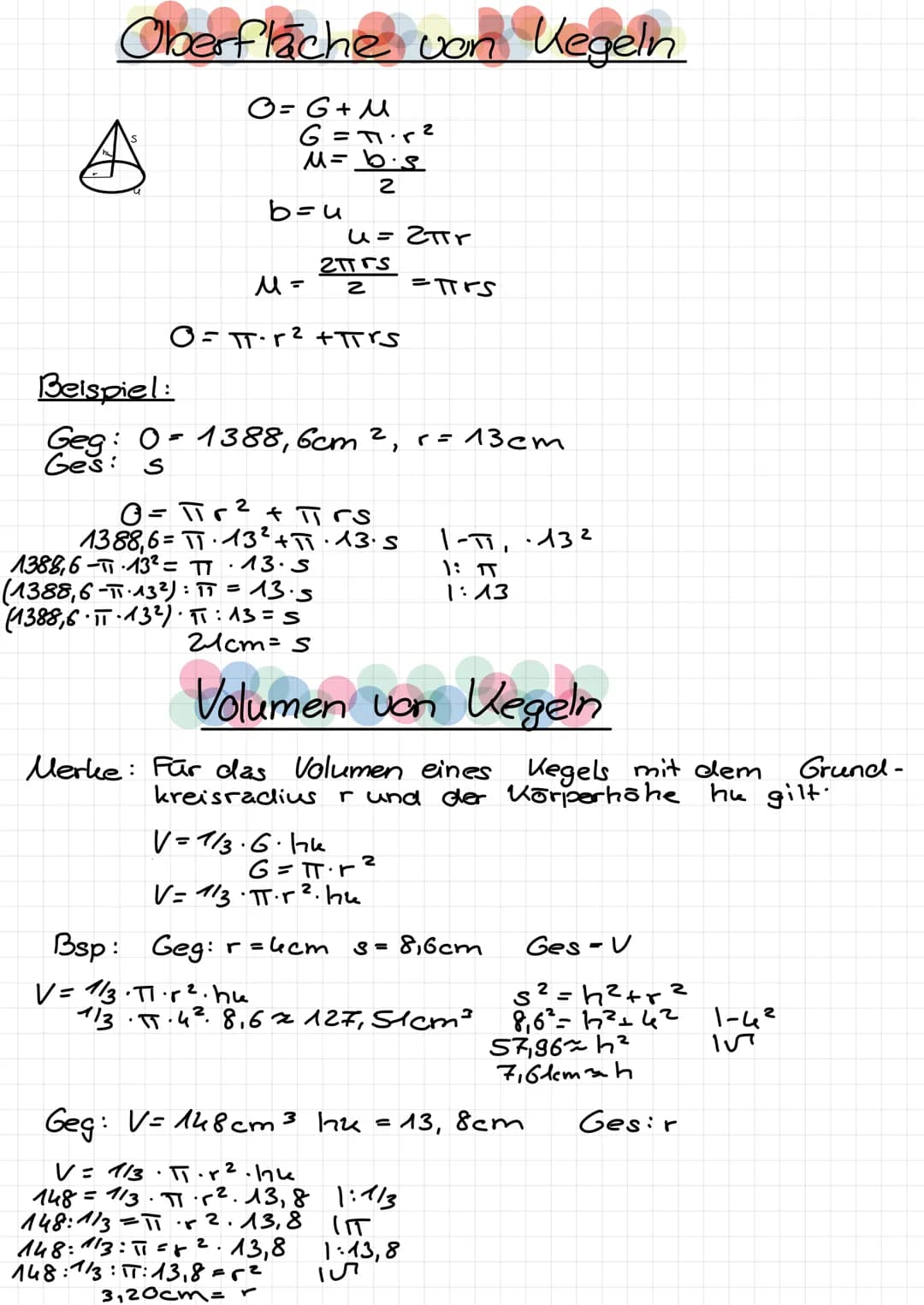 Thema: Zylinder
Volumen:
V=G⋅h = π· r². h
Oberfläche: 0=2₁G+ll = 2.TT.r² tu.h
= 2.TT·r²+ 2.π.r.h
Beispiel:
Geg: Zylinder mit U=50cm³ h=7,5cm