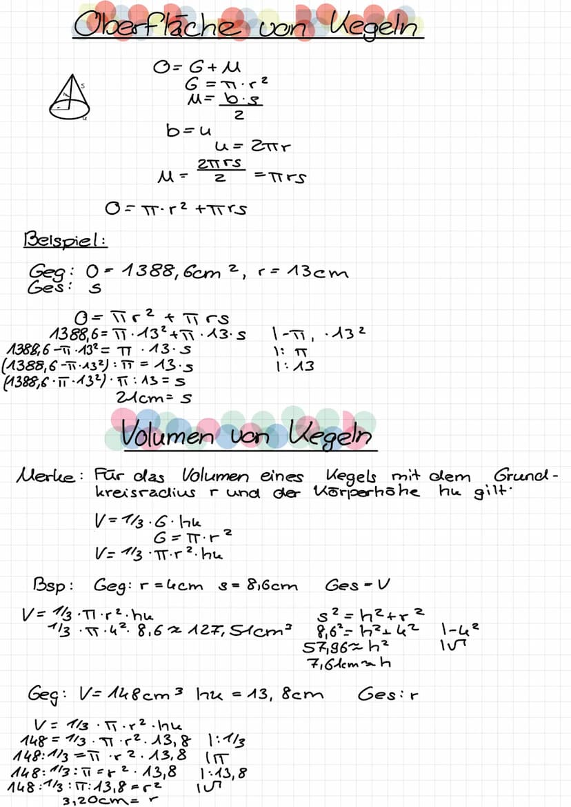 Thema: Zylinder
Volumen:
V=G⋅h = π· r². h
Oberfläche: 0=2₁G+ll = 2.TT.r² tu.h
= 2.TT·r²+ 2.π.r.h
Beispiel:
Geg: Zylinder mit U=50cm³ h=7,5cm