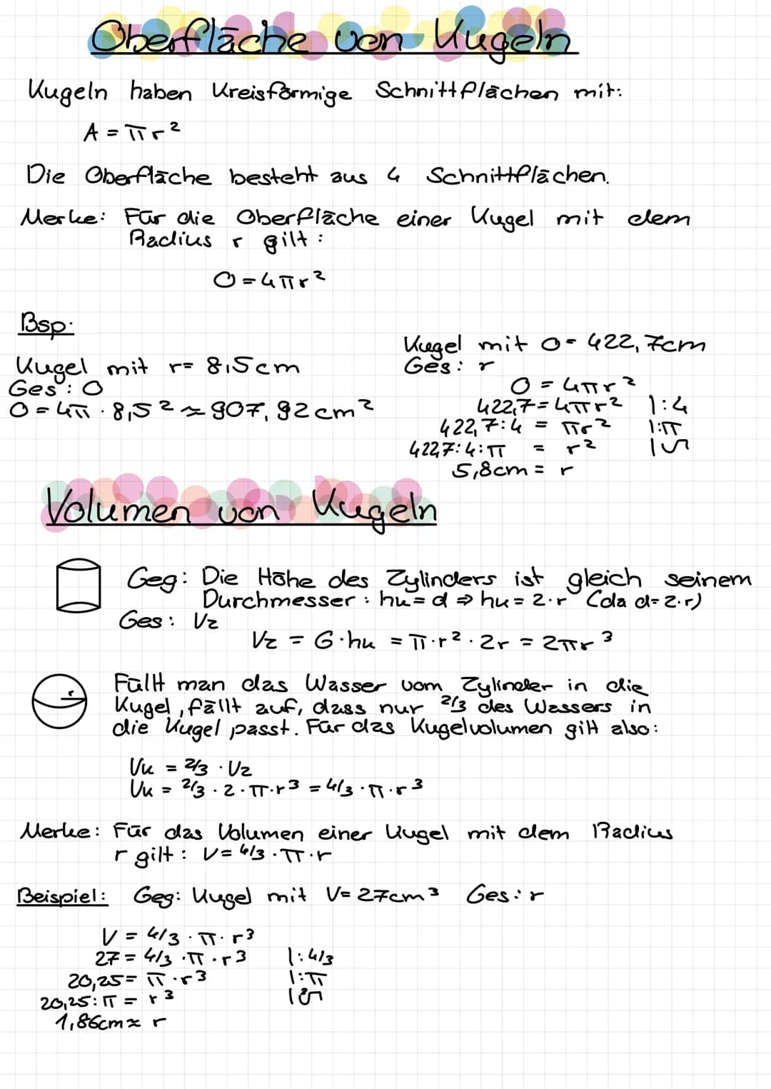 Thema: Zylinder
Volumen:
V=G⋅h = π· r². h
Oberfläche: 0=2₁G+ll = 2.TT.r² tu.h
= 2.TT·r²+ 2.π.r.h
Beispiel:
Geg: Zylinder mit U=50cm³ h=7,5cm