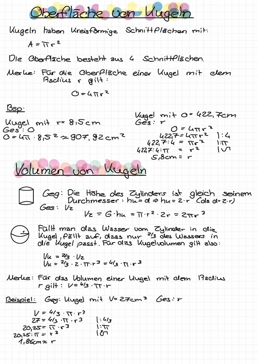 Thema: Zylinder
Volumen:
V=G⋅h = π· r². h
Oberfläche: 0=2₁G+ll = 2.TT.r² tu.h
= 2.TT·r²+ 2.π.r.h
Beispiel:
Geg: Zylinder mit U=50cm³ h=7,5cm
