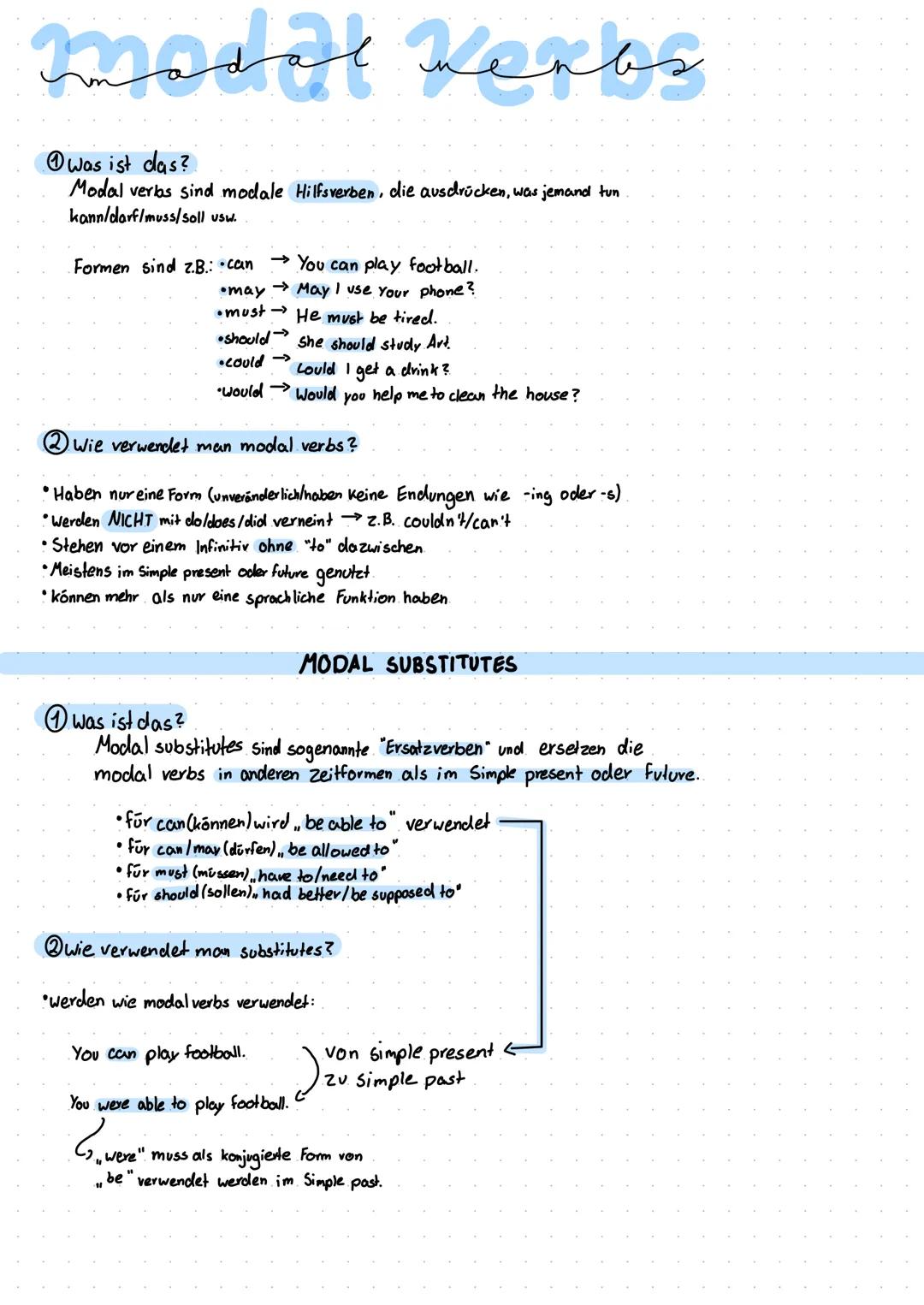 # modal kenbos

①Was ist das?
Modal verbs sind modale Hilfsverben, die ausdrücken, was jemand tun
kann/darf/muss/soll usw.

Formen sind z.B.