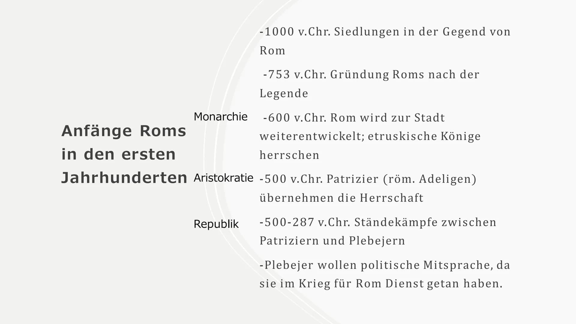 Römische
Republik
28.11.2020 Anfänge Roms
in den ersten
Jahrhunderten
Monarchie
-1000 v.Chr. Siedlungen in der Gegend von
Rom
Republik
-753 