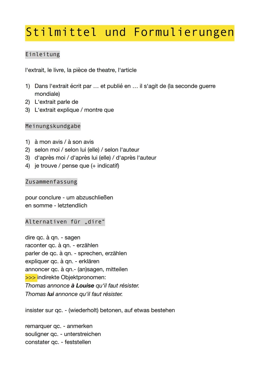 Stilmittel und Formulierungen
Einleitung
l'extrait, le livre, la pièce de theatre, l'article
Dans l'extrait écrit par et publié en ... il s'