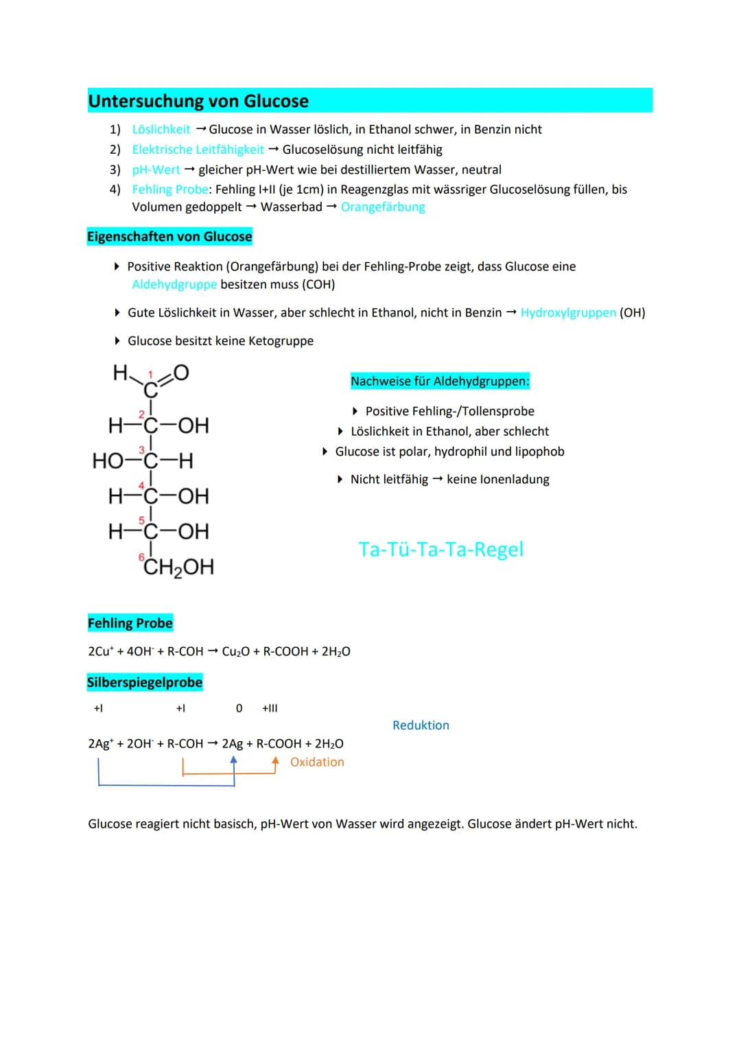 Untersuchung
von Glucose
1) Löslichkeit Glucose in Wasser löslich, in Ethanol schwer, in Benzin nicht
2) Elektrische Leitfähigkeit → Glucose