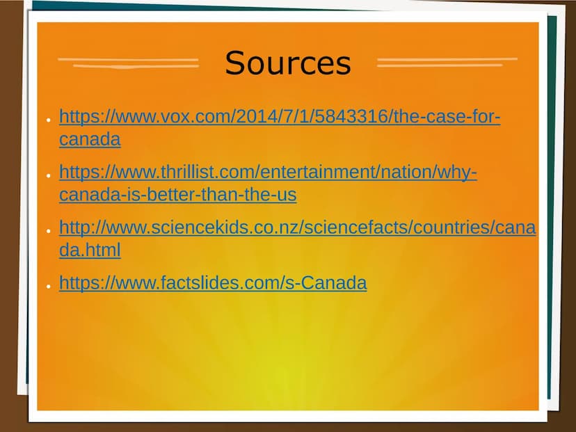 CANADA
.General information
.Fun facts
.Canada the better US
.Sources
RUSSIA
N) Canada
UNITED
STATES
Gulf of
Alaska
Pacific
Ocean
Ⓒmaps.com
