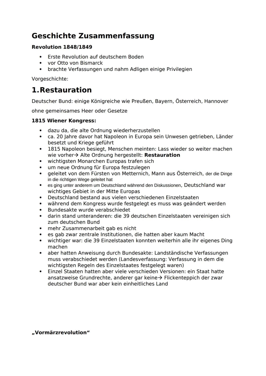 Geschichte Zusammenfassung
Revolution 1848/1849
● Erste Revolution auf deutschem Boden
● vor Otto von Bismarck
brachte Verfassungen und nahm