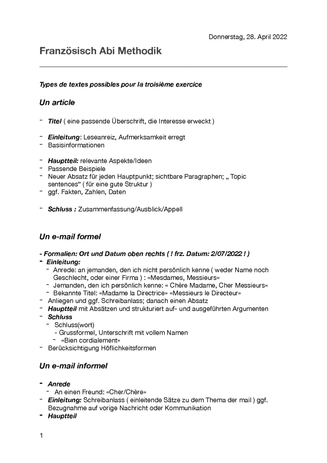 Texttypen Französisch Abitur 2022 SH 