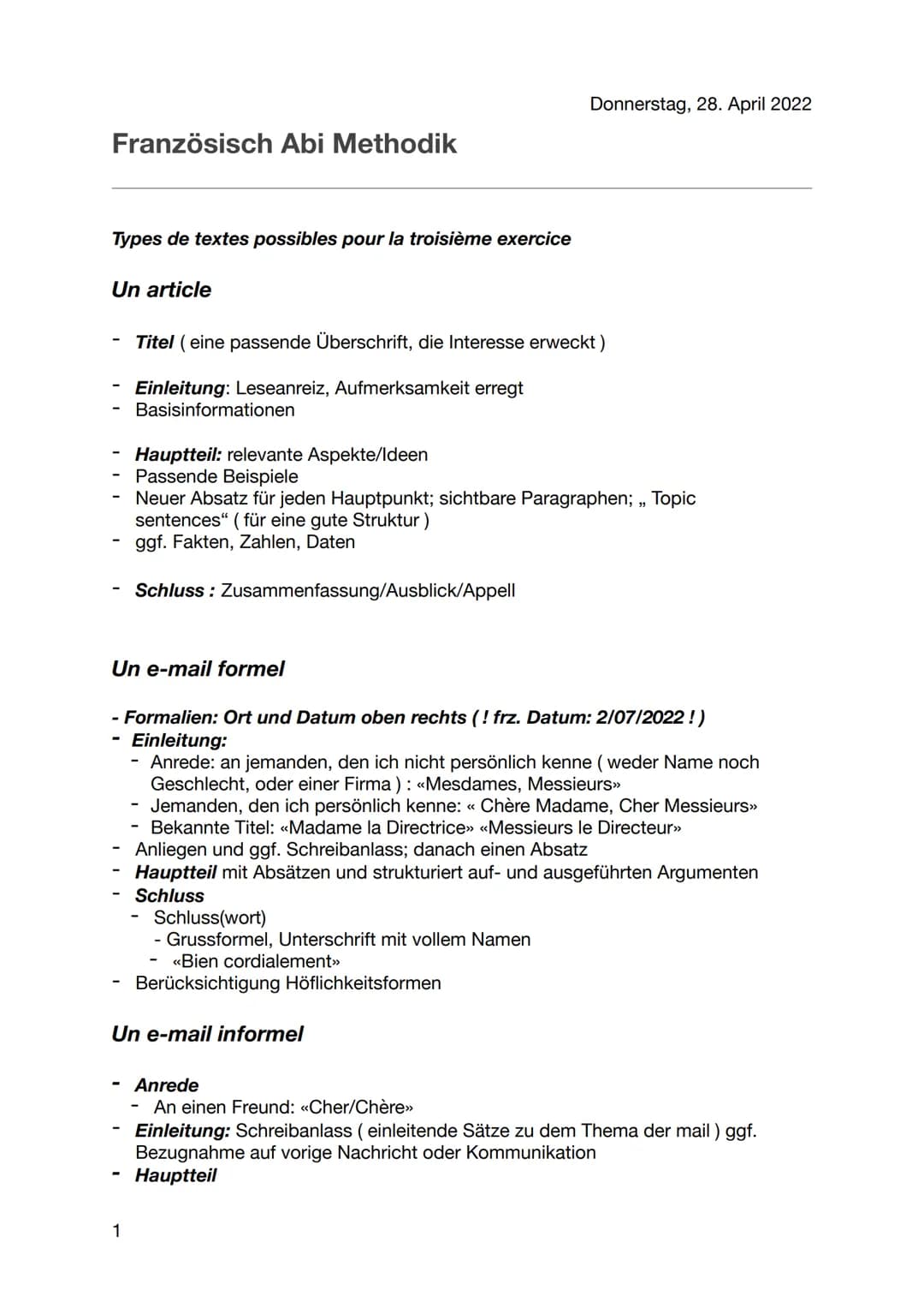 Französisch Abi Methodik
Types de textes possibles pour la troisième exercice
Un article
Titel (eine passende Überschrift, die Interesse erw