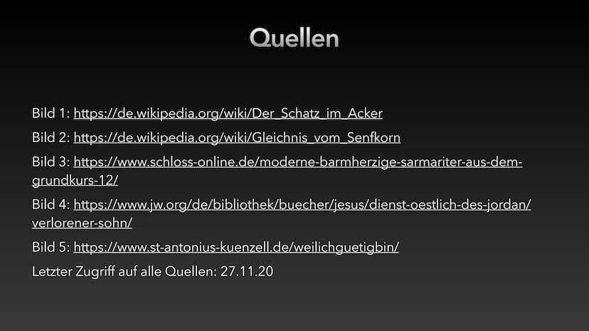 Gleichnisse
Luca Dold 30.10.20 Gleichnisse Definition
etwas nicht Erfassbares (Reich Gottes/Gott jenseits von Raum und Zeit/total anders als