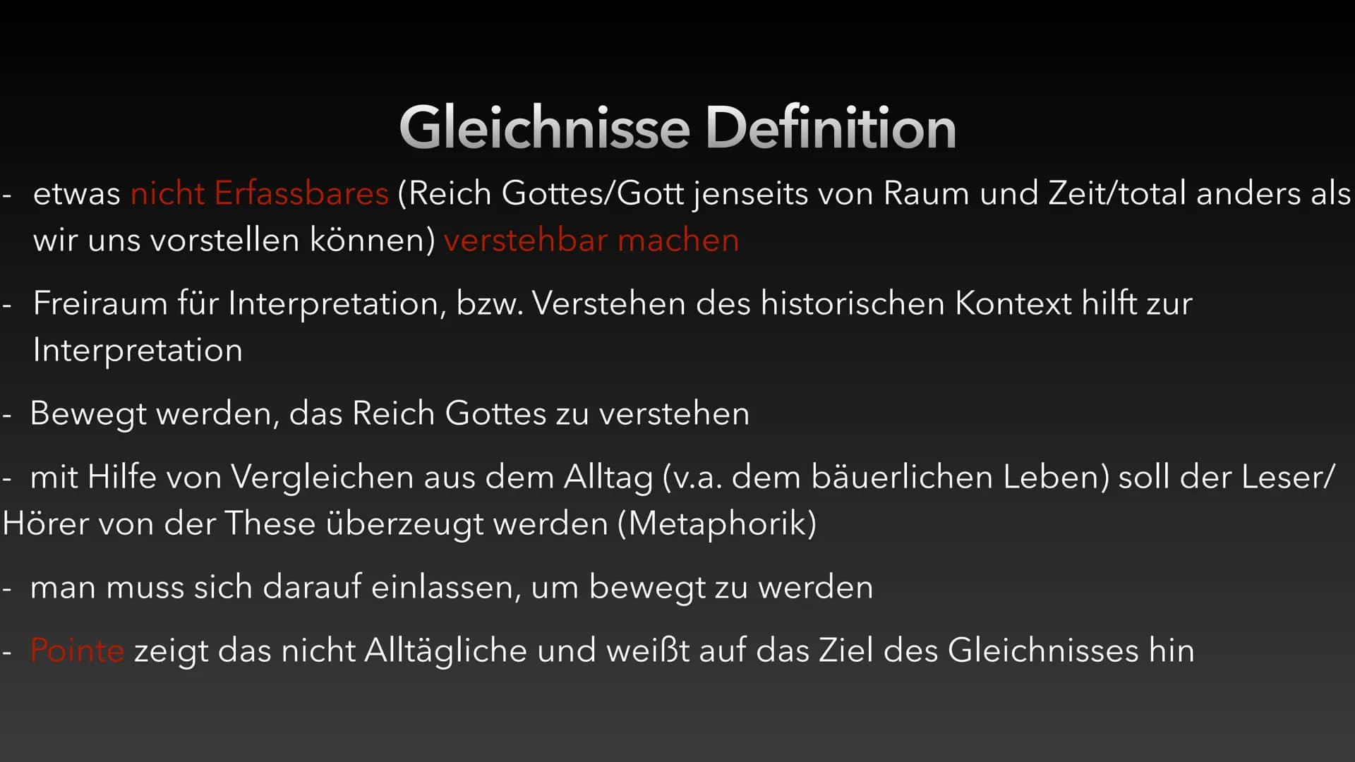 Gleichnisse
Luca Dold 30.10.20 Gleichnisse Definition
etwas nicht Erfassbares (Reich Gottes/Gott jenseits von Raum und Zeit/total anders als