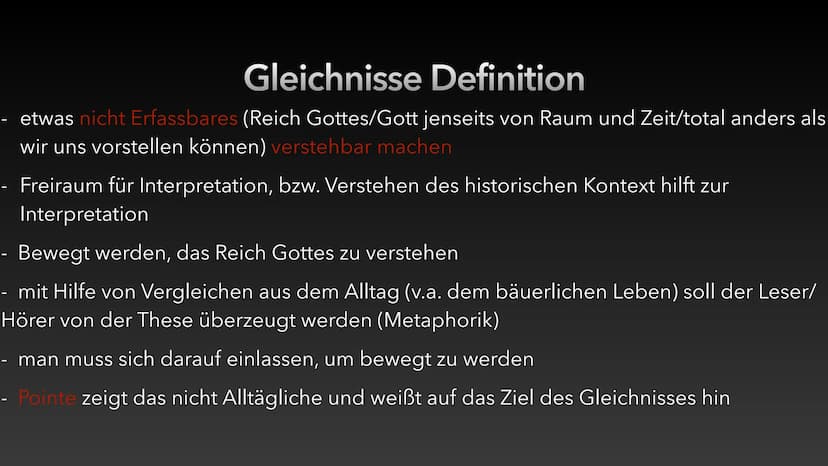 Gleichnisse
Luca Dold 30.10.20 Gleichnisse Definition
etwas nicht Erfassbares (Reich Gottes/Gott jenseits von Raum und Zeit/total anders als