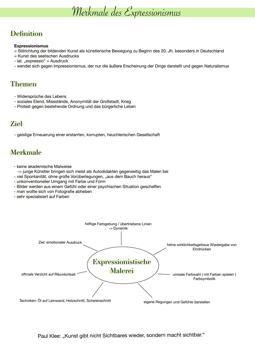 Definition
Expressionismus
= Stilrichtung der bildenden Kunst als künstlerische Bewegung zu Beginn des 20. Jh. besonders in Deutschland
= Ku