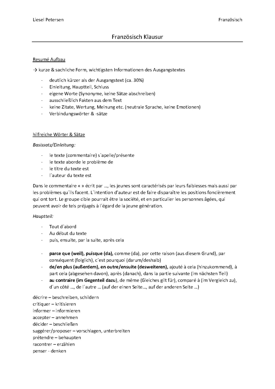 Ein Resumé schreiben; Französisch Klausur