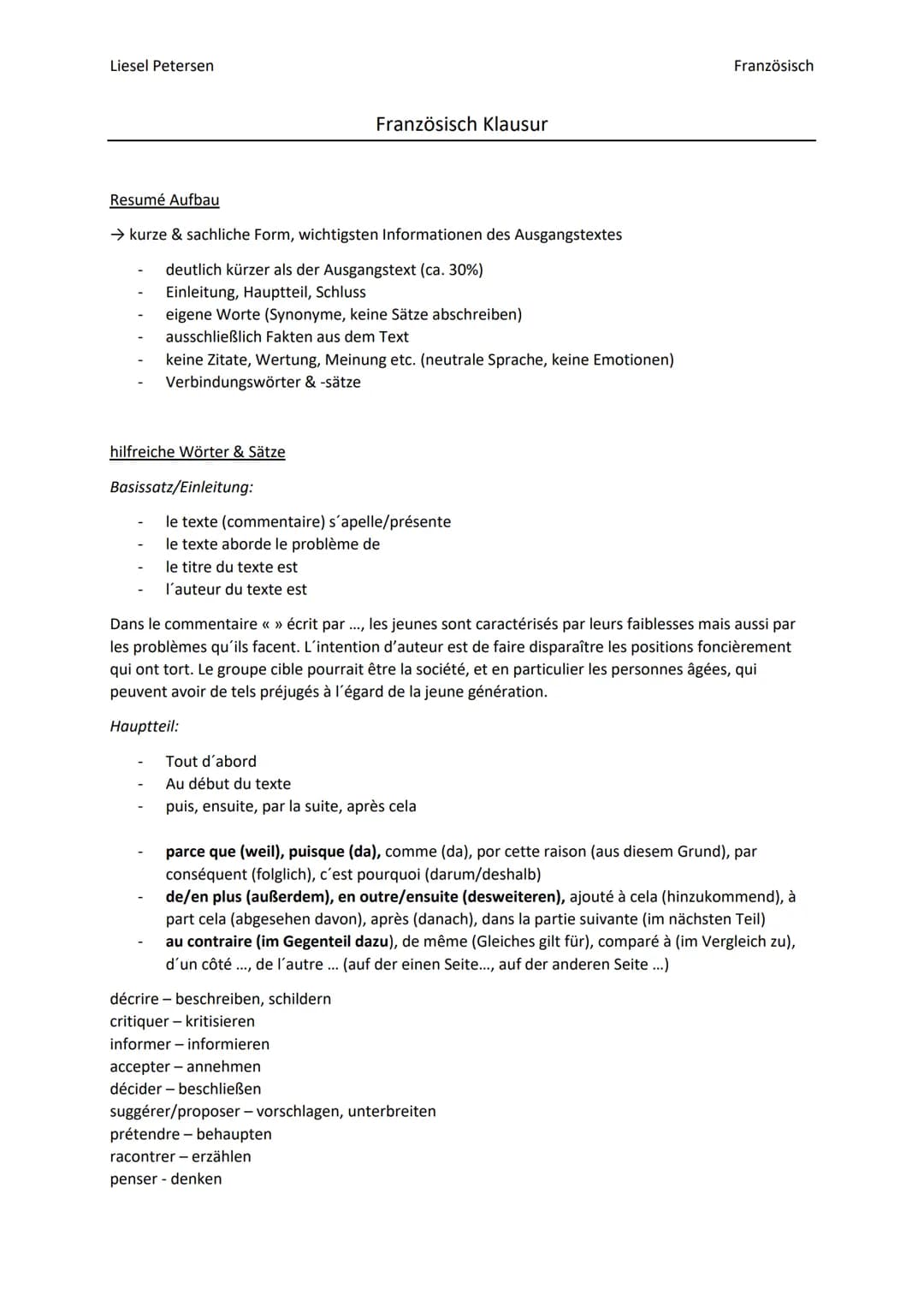 Liesel Petersen
Resumé Aufbau
→ kurze & sachliche Form, wichtigsten Informationen des Ausgangstextes
deutlich kürzer als der Ausgangstext (c