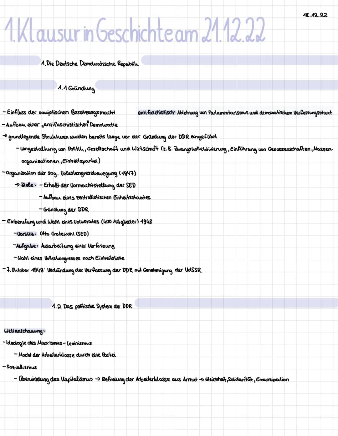 1. Klausur in Geschichte am 21.12.22
1.Die Deutsche Demokratische Republik
1.1 Gründung
- Einfluss der sowjetischen Besatzungsmacht
-Aufbau 