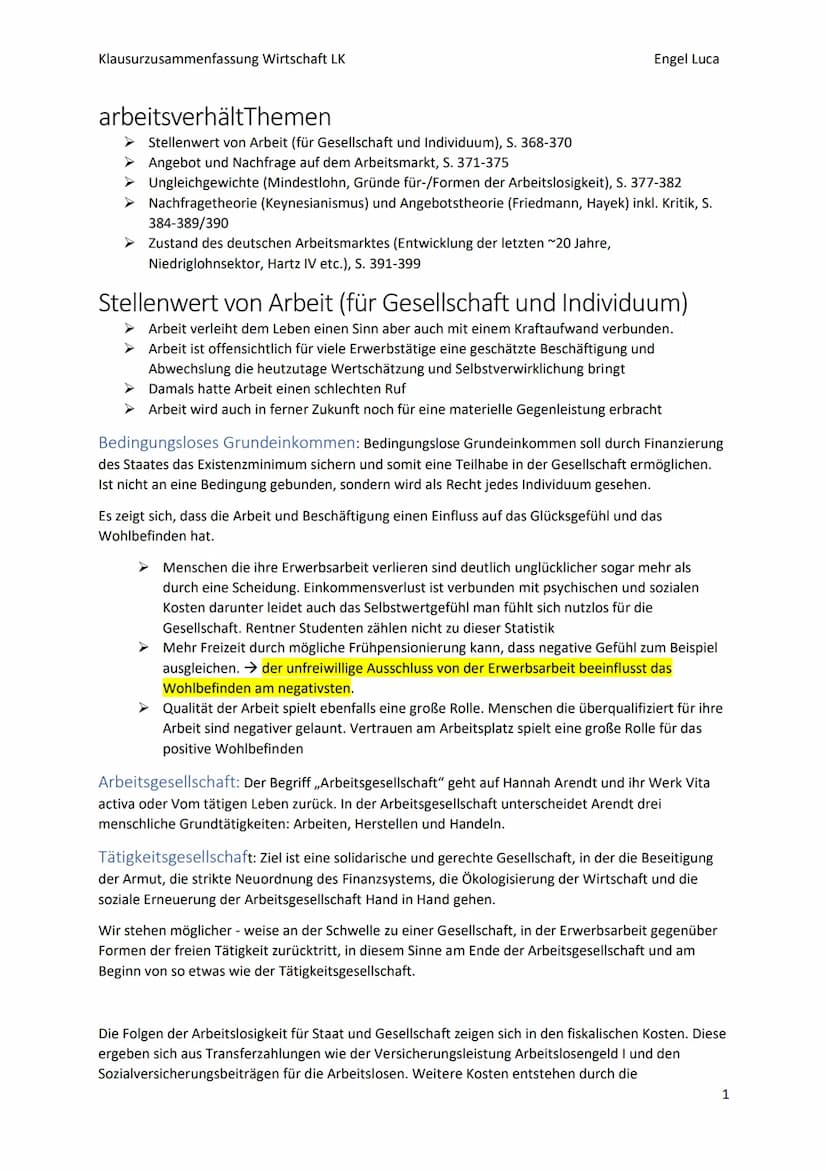 Klausurzusammenfassung Wirtschaft LK
arbeitsverhältThemen
Engel Luca
Stellenwert von Arbeit (für Gesellschaft und Individuum), S. 368-370
An