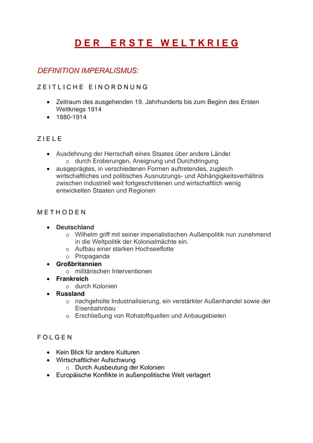 DEFINITION IMPERALISMUS:
ZEITLICHE EINORDNUNG
Zeitraum des ausgehenden 19. Jahrhunderts bis zum Beginn des Ersten
Weltkriegs 1914
● 1880-191