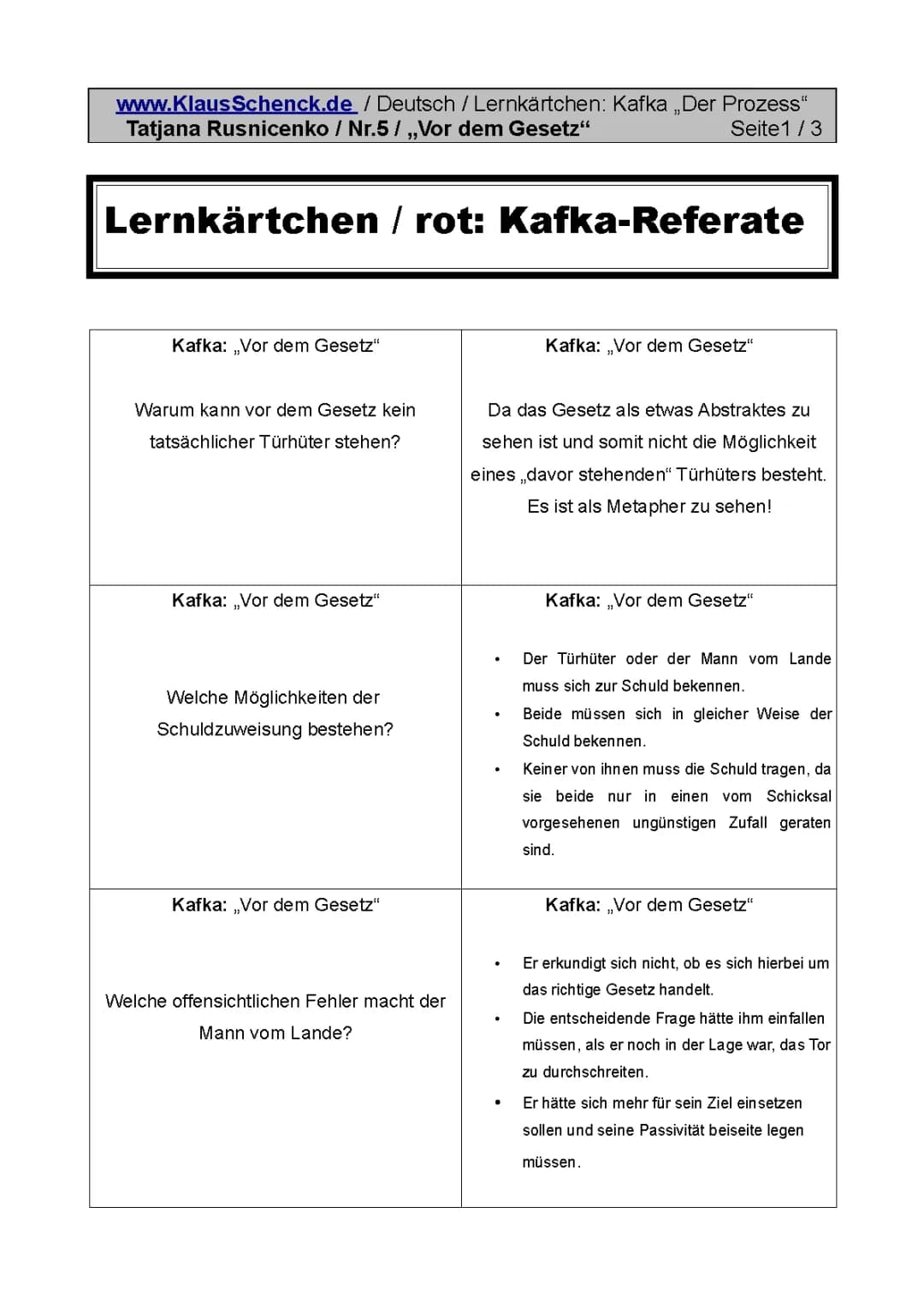 "Prozess" / Kafka: "Vor dem Gesetz" (Lernkärtchen)