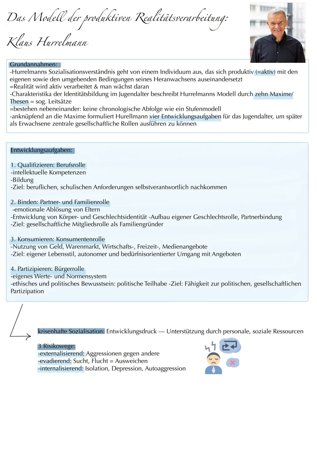 Das Modell der produktiven Realitätsverarbeitung:
Klaus Hurrelmann
Grundannahmen:
-Hurrelmanns Sozialisationsverständnis geht von einem Indi