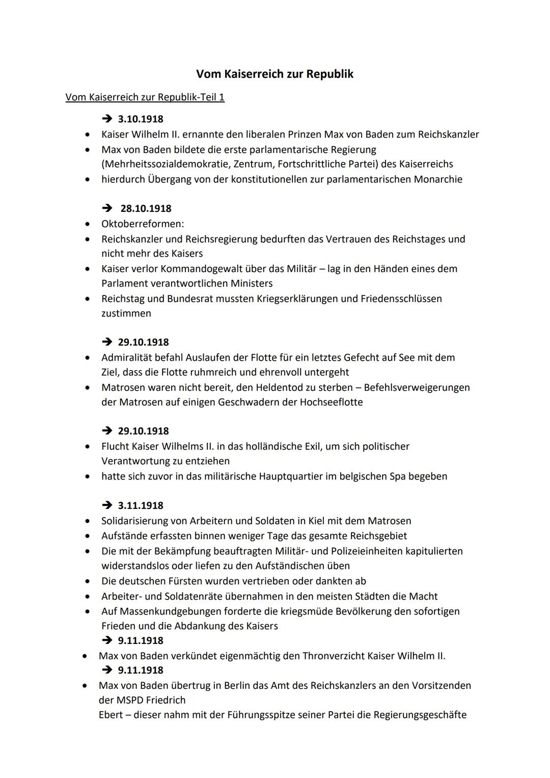 # Vom Kaiserreich zur Republik

## Vom Kaiserreich zur Republik-Teil 1

- →3.10.1918
  - Kaiser Wilhelm II. ernannte den liberalen Prinzen M