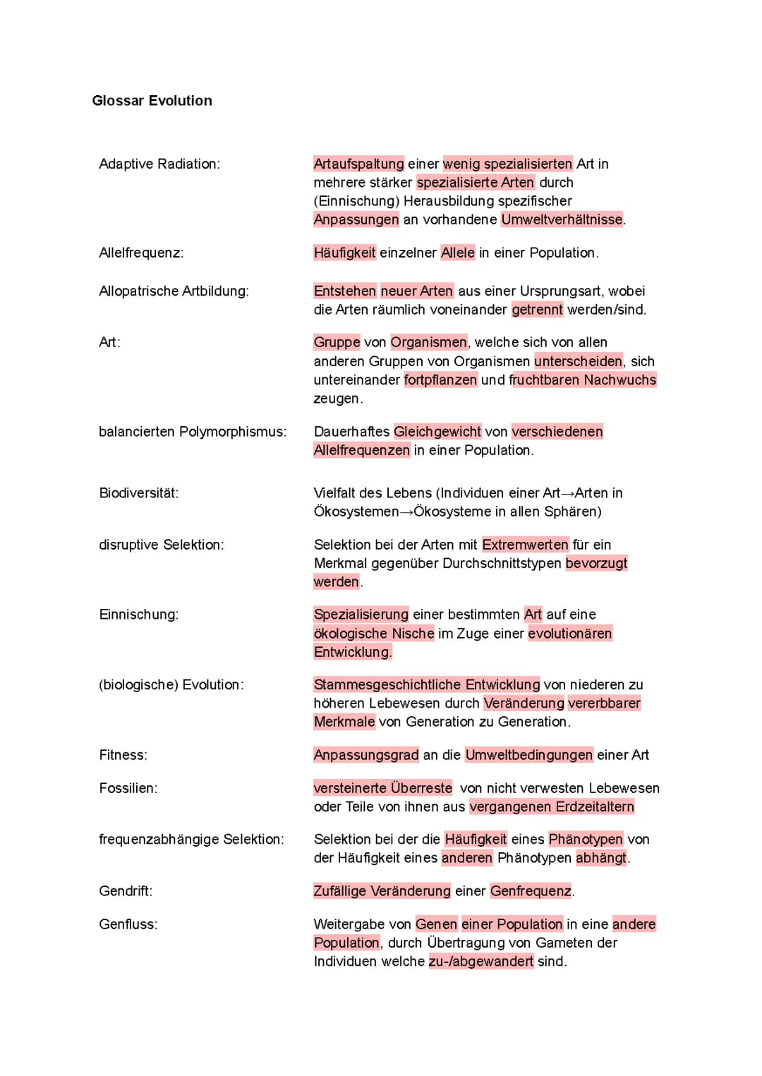 Glossar für das Thema: Evolution 