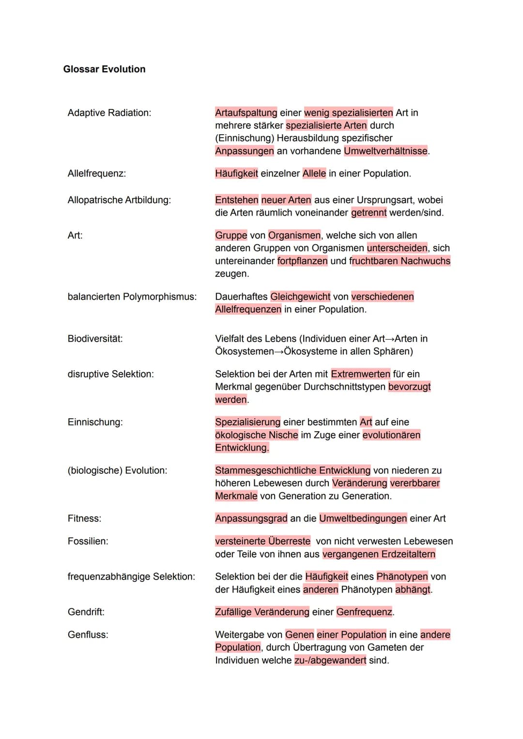 Glossar Evolution
Adaptive Radiation:
Allelfrequenz:
Allopatrische Artbildung:
Art:
balancierten Polymorphismus:
Biodiversität:
disruptive S