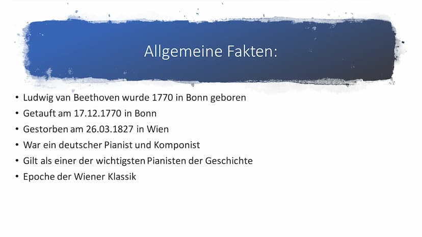 Ludwig van Beethoven ●
●
●
Allgemeine Fakten
Ausbildung
Wichtigste Werke
Krankheit
Bilder
Quellen
Inhalt: ●
●
Allgemeine Fakten:
Ludwig van 