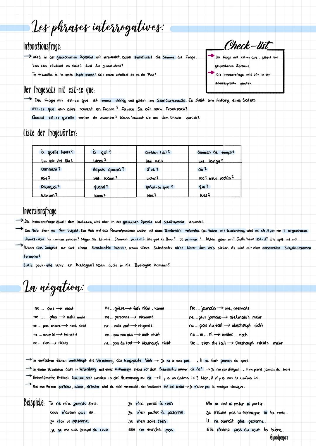 Les phrases interrogatives:
Intonationsfrage:
→wird in der gesprochenen Sprache oft verwendet. Dabei signalisiert die Stimme die Frage.
Vous