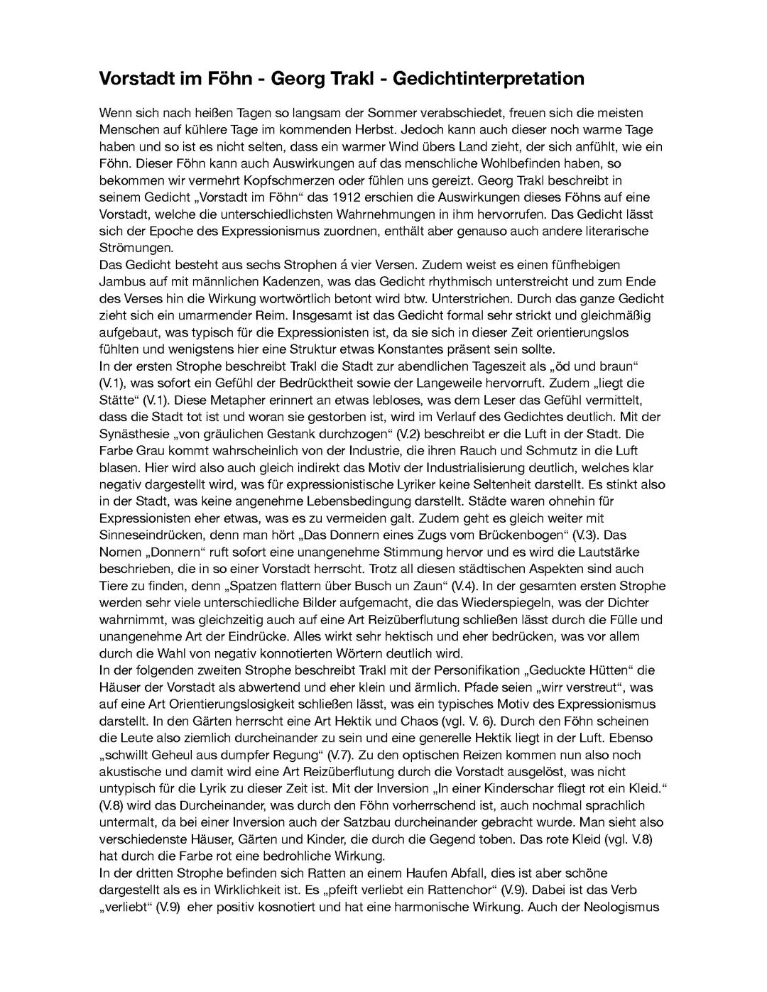 Gedichtsinterpretation Expressionismus Beispiel "Vorstadt im Föhn" Georg Trakl